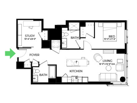 Floor plan for 1 bed, 2 baths, 931 sqft